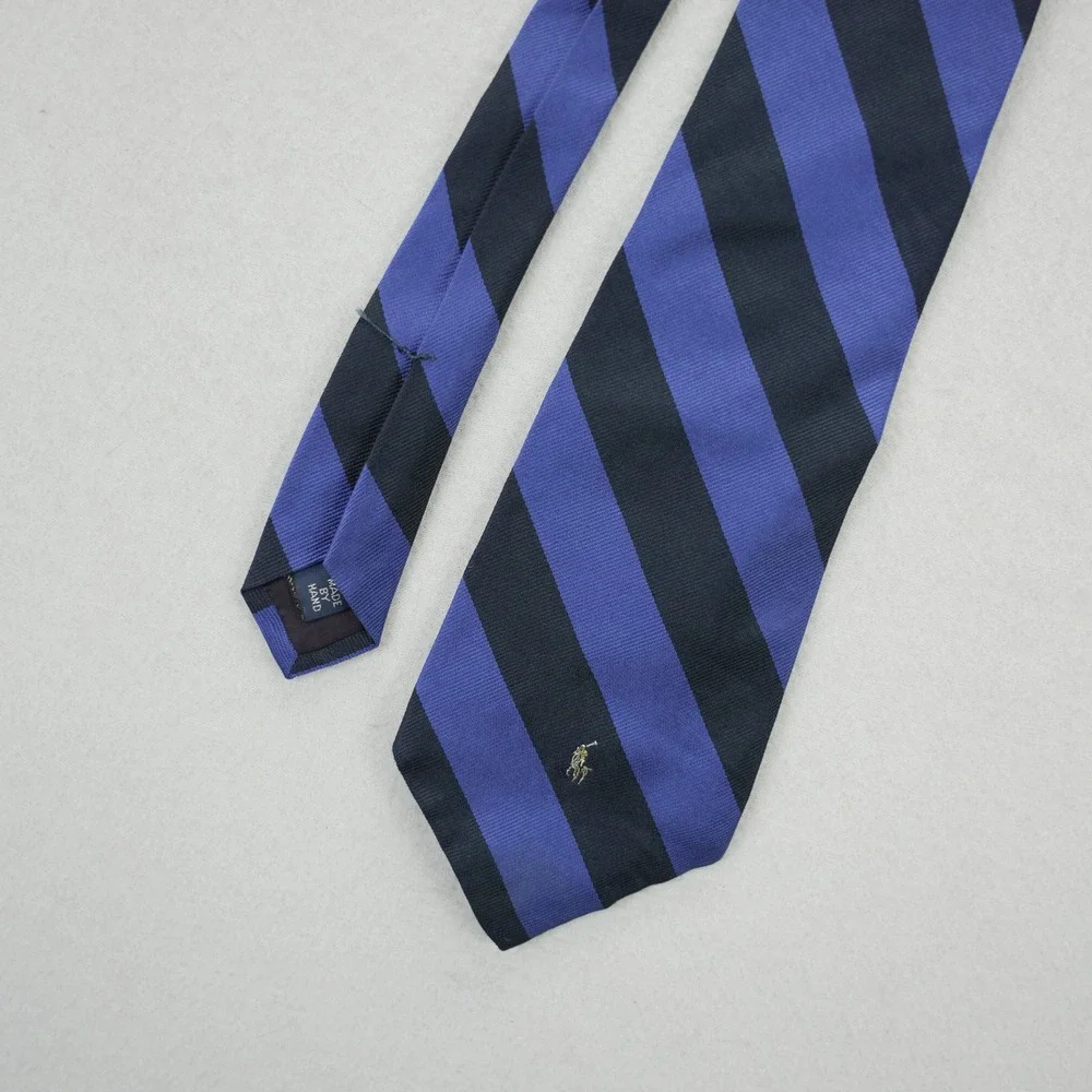 Polo Ralph Lauren Mens Silk Tie Blue Navy Striped Pony Logo Made in USA Handmade